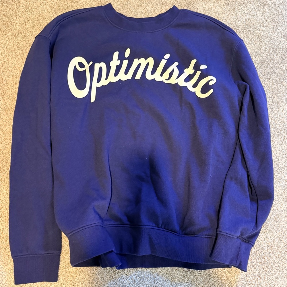 Goodfellow & Co Navy Crewneck Sweatshirt with White "Optimistic" Script